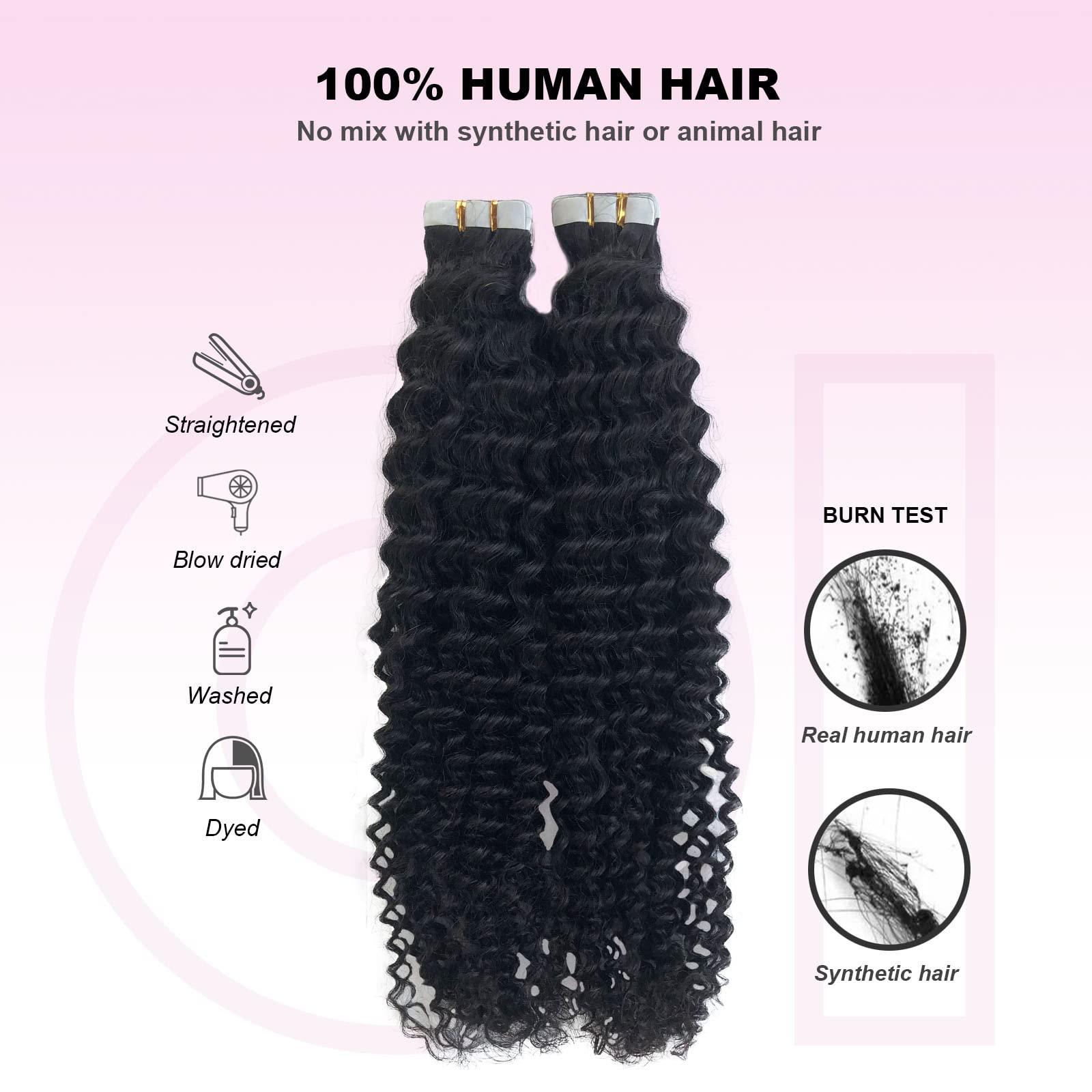 OiMiGO Natural Black Curly Hair Extensions, 40 Pieces 100g OiMiGO Brazilian Human Hair Kinky Curly Tape in Extensions 3C 4A Tape ins Extension for Black Women 22 Inch Soft Curly Tape Extensions Real Hair