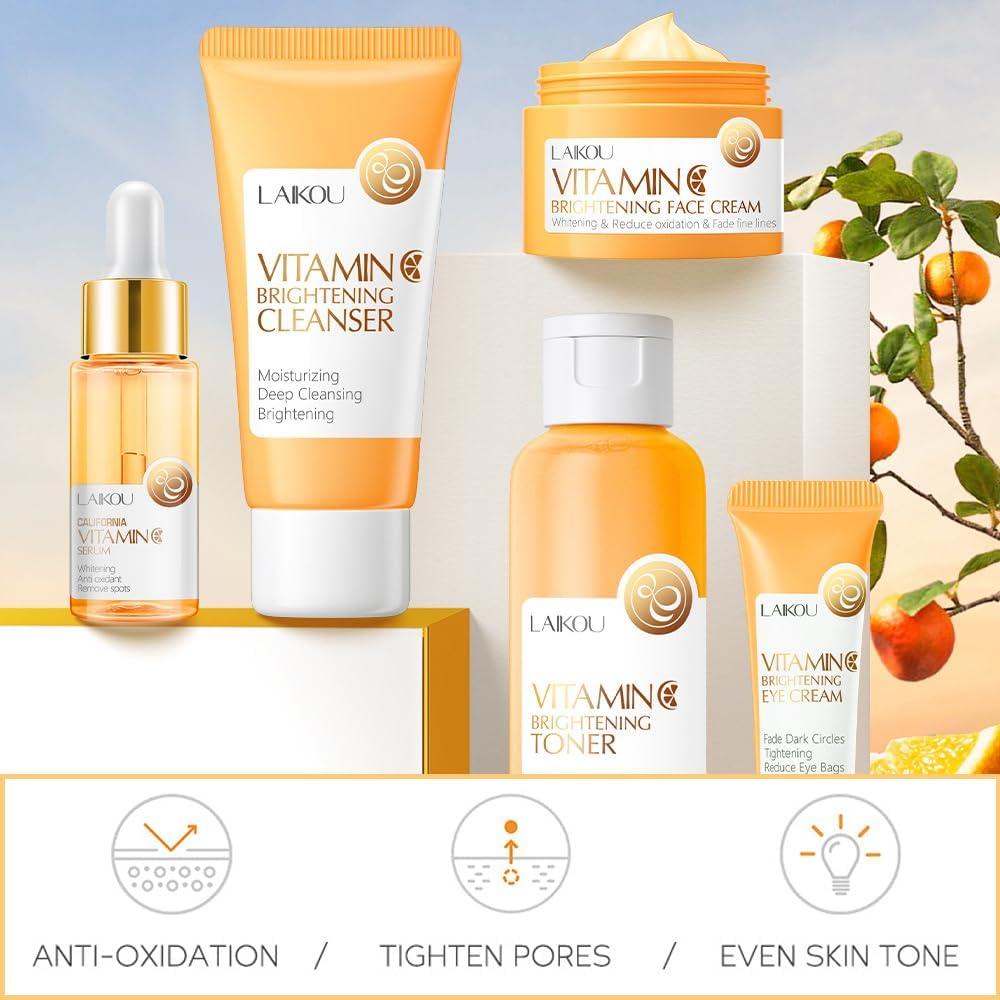 Yasovigi Vitamin C Skincare Set, Moisturizing Face Skin Care Kit with Facial Cleanser, Face Serum, Face Cream, Eye Cream, Toner For Hydrating Skin, Anti-Aging Skin