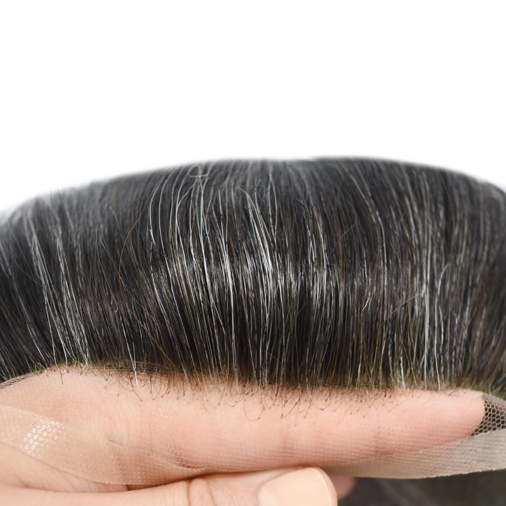Hair Wonders Toupee For Men Real Human Hair Mens Toupee Hair Replacement System Swiss Lace Hair Piece For Men Hair System6x9\"-100% light to medium density#1B30 1B# OFF BLACK+30% GREY