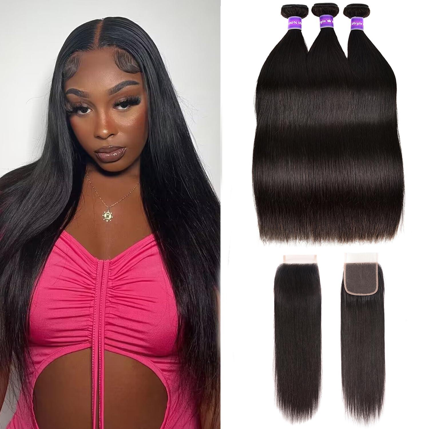 Sufeiya Hair Straight Human Hair Bundles With Closure For Black Women (24 26 28+20) Brazilian Human Hair Bundles With 4x4 Lace Closure Free Part 100% Unprocessed Weave 3 Bundles with Swiss Lace Closure