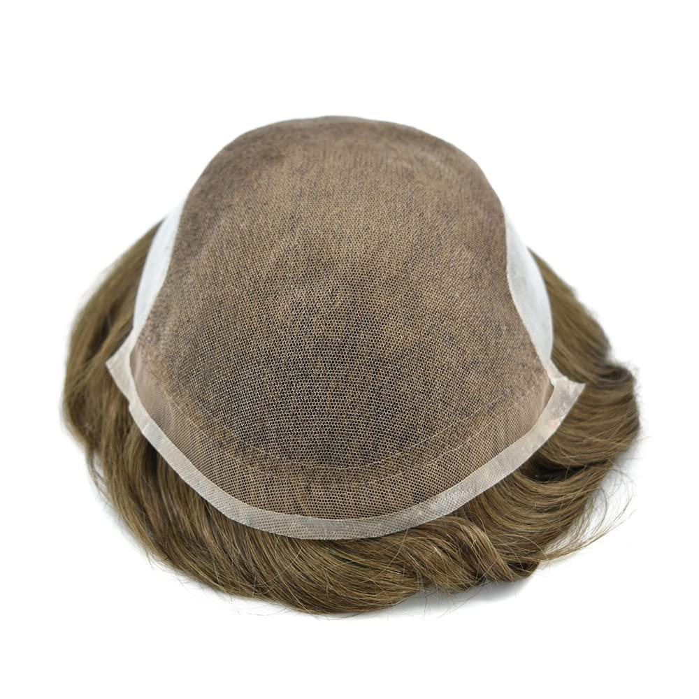 Generic Toupee For Men Swiss Lace Hair System Men Hair Pieces Real Human Hair Units Lace Front Mens Toupee White Gray Hair Replacement Bleached Knots Natural Hairline Black Brown Blonde Men Hair Systems US Stock. (7\"X9\"-100% Light to Medium Density, 17# Da