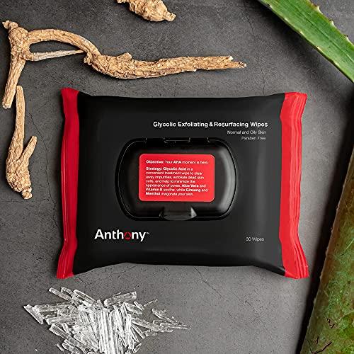 Anthony Anthony Glycolic Exfoliating & Resurfacing Wipes – Men’s Cleansing Face Cloths to Clean and Brighten Complexion – Gentle Pore Refining for Normal, Oily or Sensitive Skin – 30 Sheets per Bag