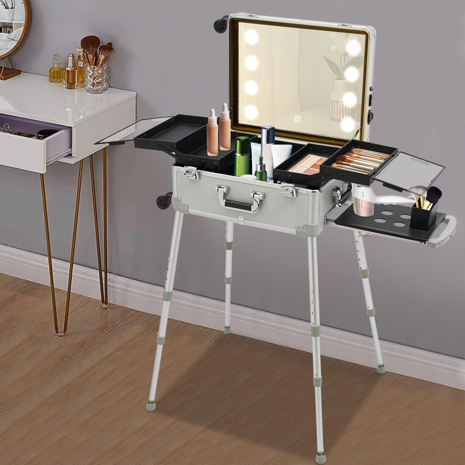 YIYIBYUS YIYIBYUS Aluminum Trolley Makeup Train Case with LED Light 21'' Rolling Cosmetic Organizer Make up Artist Free Standing Box with Stand Mirror Makeup Vanity Station (Silver)