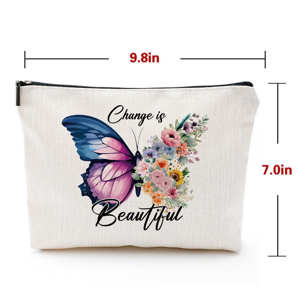 heshengzaixian heshengzaixian Butterfly Inspirational Quotes Makeup Bag for Gilrs Woman,Change is Beautiful Motivation Cosmetic Bag, Portable Waterproof Linen Toiletry Beauty Bag Travel Case Accessories Pouch