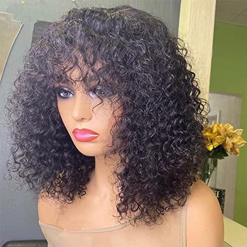 Young beauty Young beauty Curly Human Hair Wig With Bangs 100% Brazilian Human Hair Curly Wigs O Scalp Top Full Machine Made Wig for Black Women Loose Curly Wigs 180Density 20inch Natural Color