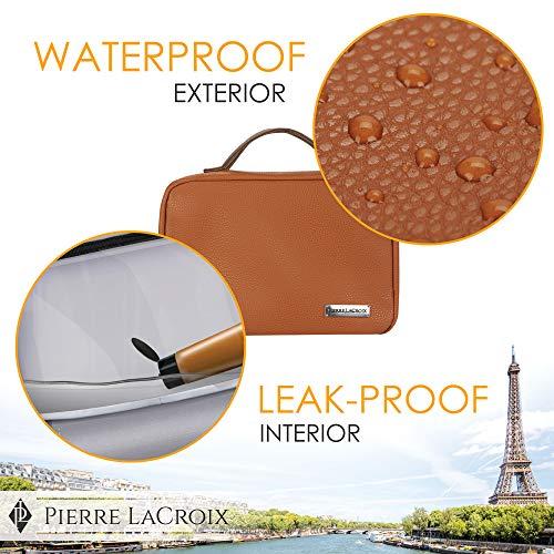 Pierre LaCroix Hanging Travel Toiletry Bag for Women and Men (100% Leak Proof & Doubles as a Cosmetic/Makeup Bag) | Large (34”x11”) | Clear Pockets | Detachable Compartment | Cruelty-Free Leather | (Brown)