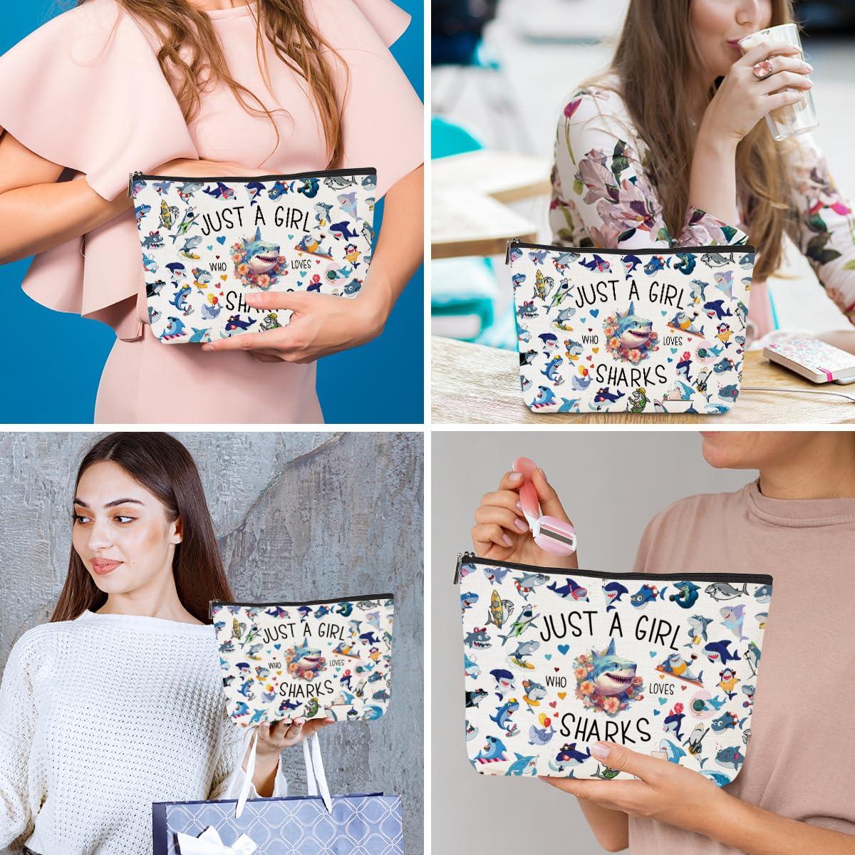 EIXU A Girl Loves Sharks Shark Gifts Shark Stuff Shark Decor Cosmetic Bag Nurse Thanksgiving Graduation Christmas Birthday Makeup Bag Funny Friendship Gifts for Women Friend Teen Girls Sister Shark Lovers