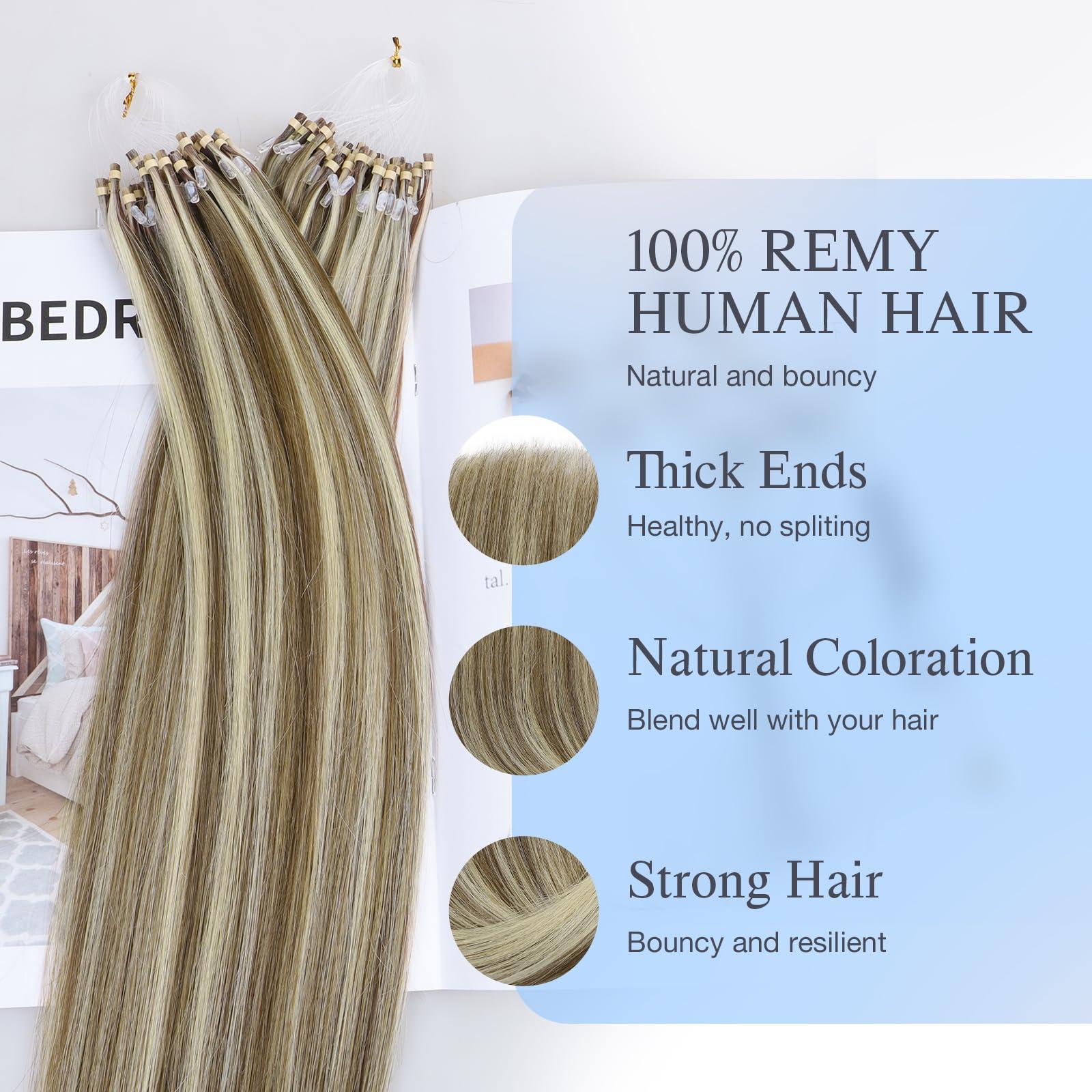 DOORES DOORES Hair Extensions Micro Link Hair Extensions Human Hair Virgin Hair, Ash Brown to Platinum Blonde 14 Inch 50g/50s, Micro Link Hair Extensions Short Human Hair