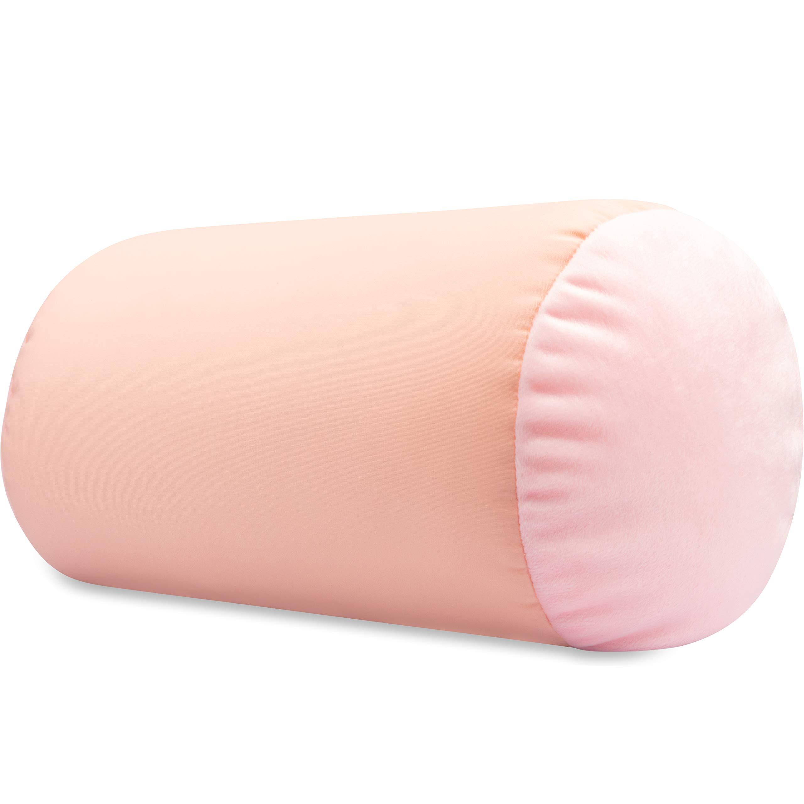 PILLOWY Microbead Bolster Neck Roll Pillow, Gently On Body, Head, Neck & Shoulders No Pain Rest, Relax Sleep - Silky Feel Prevent Wrinkles & Hair Breakage - Lightweight Cylinder Tube, 14" x 8", Cream Peach