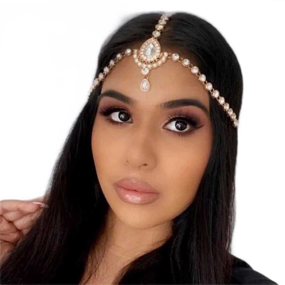 Catery Catery Head Chain Jewelry Crystal Hair Chains Boho Headpiece Pendant Head Chain Hair Jewelry Hair Accessories for Women and Girls (Gold)