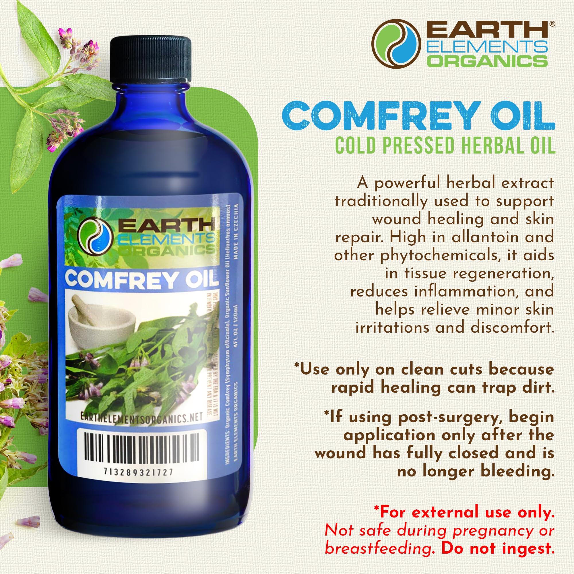 Earth Elements Organics Organic Comfrey Oil Raw, Infused, Pressed Herbal Oil. Comfrey Leaf, Sunflower Seed Oil 4 fl.oz.