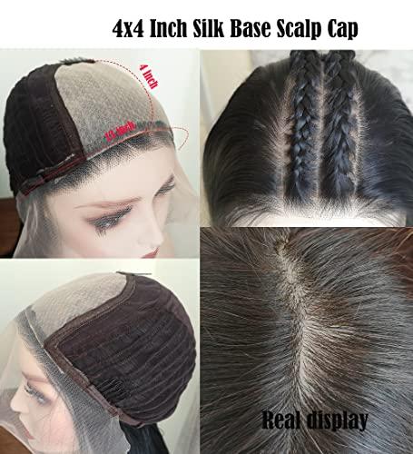 HAOKE Italian Yaki Lace Front Wigs Human Hair 4x4 Silk Base Top Yaki Kinky Straight Human Hair Wigs for Black Women Medium Auburn Wig Glueless Human Hair Lace Wig with Baby Hair (8inch, 4x4 Silk Base Wig)