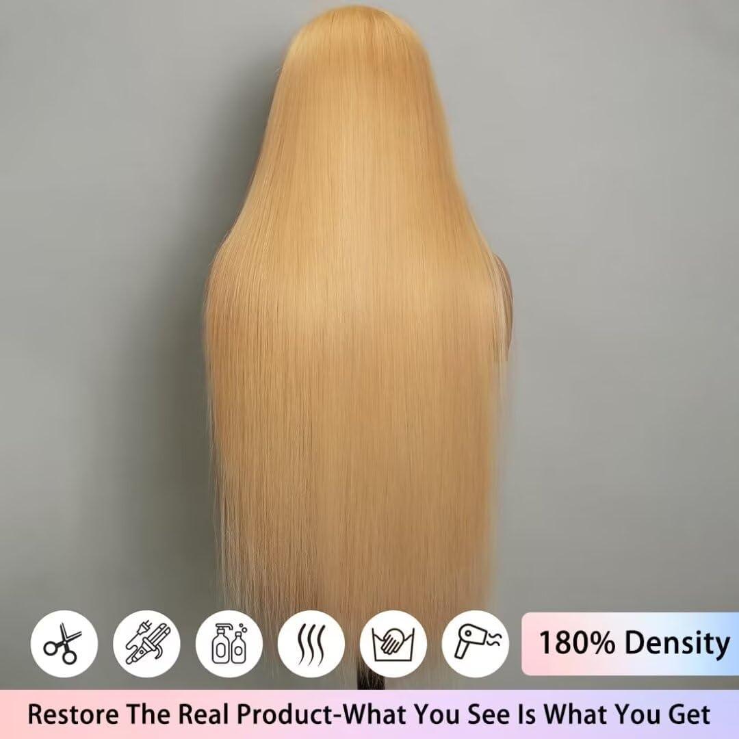 FTQZKEY FTQZKEY 24 Inch Honey Blonde Straight Wig Human Hair 13x4 Honey Blonde HD Lace Front Wig Human Hair 180 Density 27# Colored Human Hair Lace Front Wigs Blonde Human Hair Wigs for Women