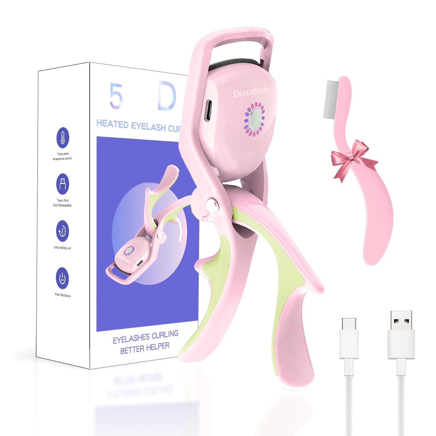 Denabuty Denabuty Heated Eyelash Curlers, Rapid Heated Lash Curler Electric Quick Natural Curling for Long Lasting with Sensing Heating Silicone Pad, 3 Tempreture Setting & USB Rechargeable, Pink