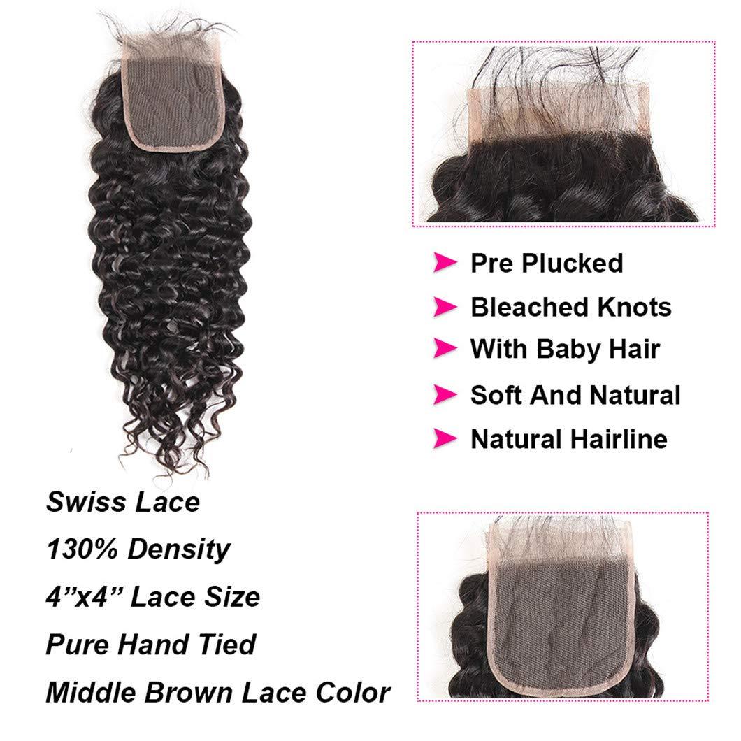 SSJFZM Brazilian Water Wave 3 Bundles With Closure Hair Remy Human Hair Bundles With Closure 4X4 Swiss Lace Natural Color Three Part 14 14 16 & Closure12