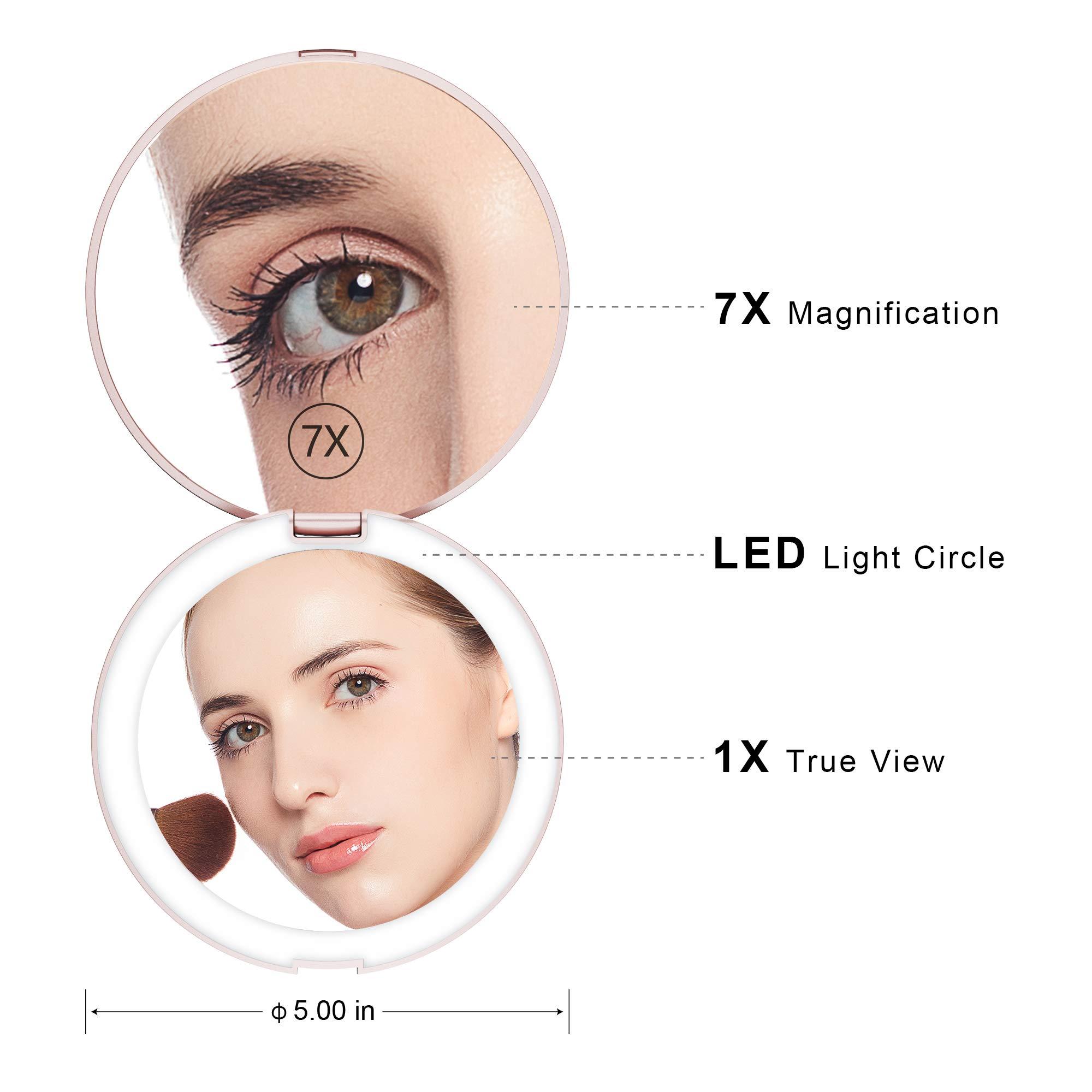 Benbilry Benbilry LED Lighted Compact Travel Makeup Mirror with Lights, 1x/7x Magnification, 5 Inch Dual Sided Portable Illuminated  Perfect for Handbag