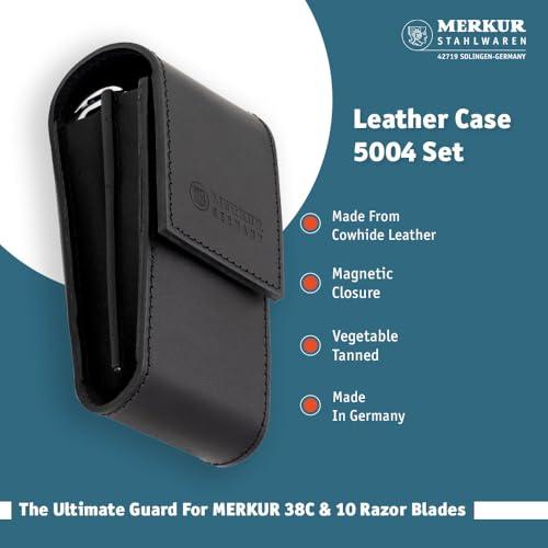 MERKUR MERKUR 5004 Travel Shaving Set featuring MERKUR 38C Two-piece Safety Razor with Long Handle & Bright Chrome Finish, 10 Double Edge Blades & Black Leather Case | Made In Germany