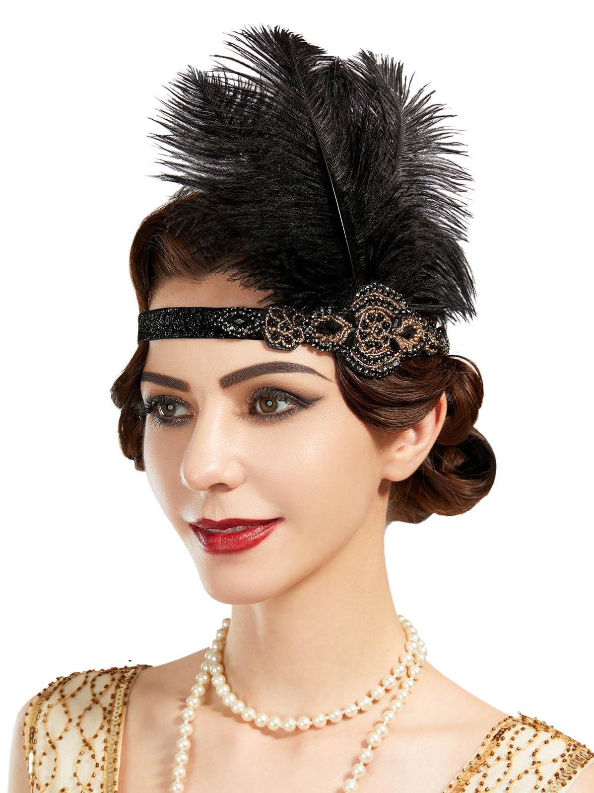 SWEETV SWEETV 1920s Headpiece Flapper Headband, Feather Rhinestone Roaring 20s Great Gatsby Hair Accessories for Women,Gold