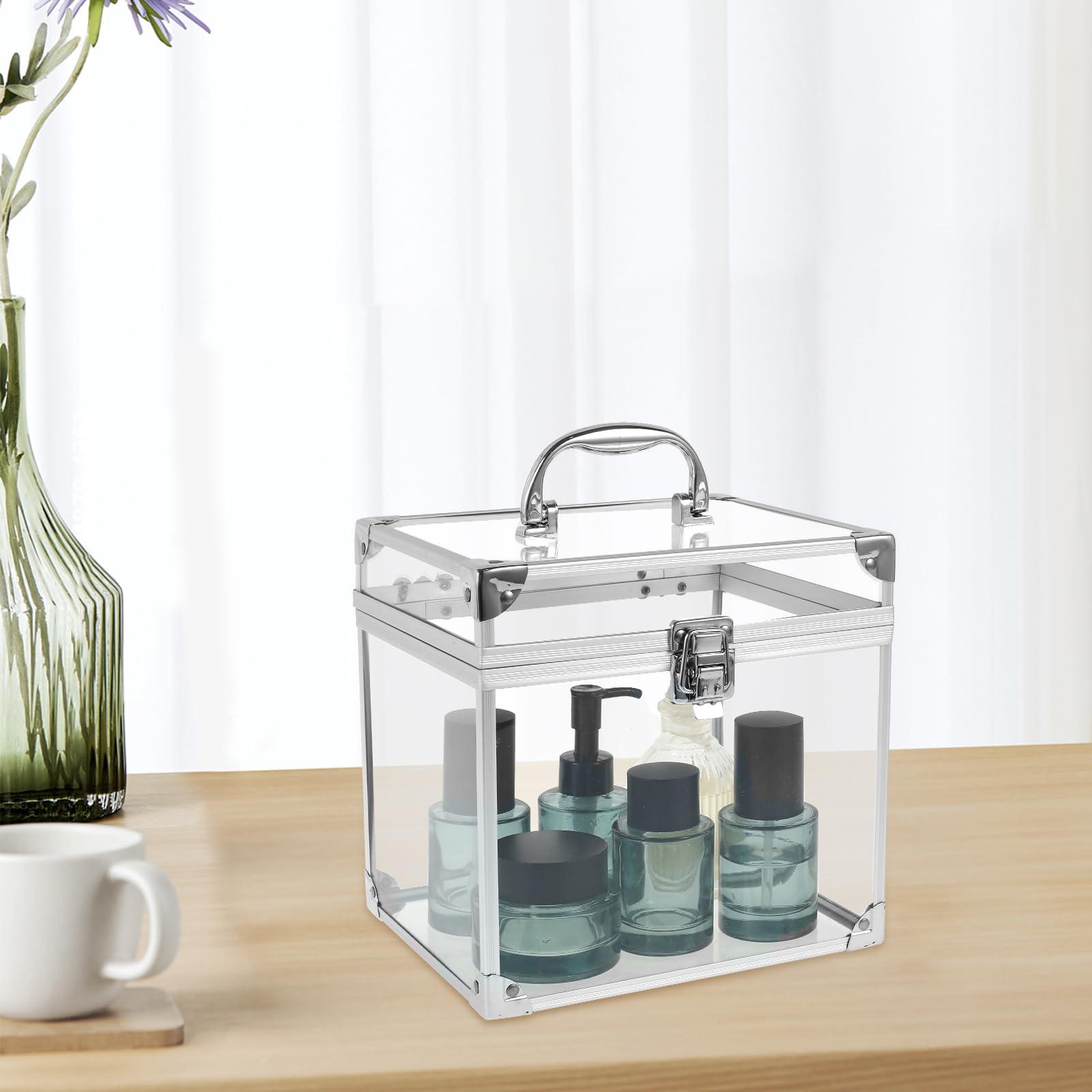 LYIYEYAN LYIYEYAN Makeup Box Clear Cosmetic Case with Latches and Handle Large Capacity Toiletry Organizer Box Portable Travel Makeup Tools Box for Vanity Bathroom Counter Dresser (Silver)