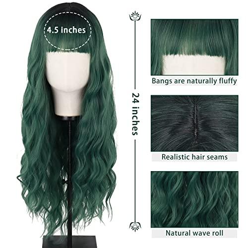 MERISIHAIR MERISIHAIR Long Dark Green Wig with Bangs,Ombre Curly Green Wig for Women,Long Dark Green Cosplay Wig Synthetic Natural Looking for Daily and Party