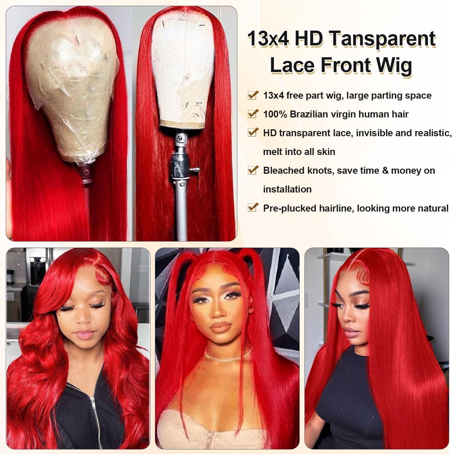 Benafee Red Wig Human Hair 30 Inch 13x4 Red Lace Front Wigs Human Hair 180% Density Deep Parting HD Lace Frontal Wig Human Hair Pre Plucked Colored Wigs Human Hair Bright Red Human Hair Lace Front Wigs