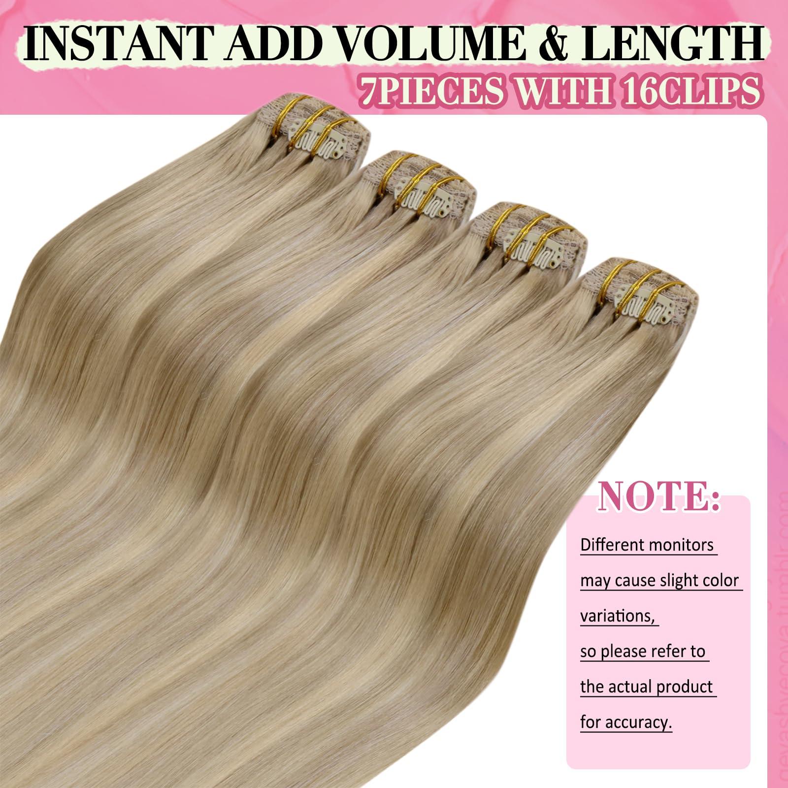 YoungSee YoungSee Clip in Hair Extensions Real Human Hair Highlight Clip on Hair Extensions Light Blonde Highlighted Golden Blonde Real Hair Clip in Extensions Convenient for Women 22Inch 120G 7Pcs