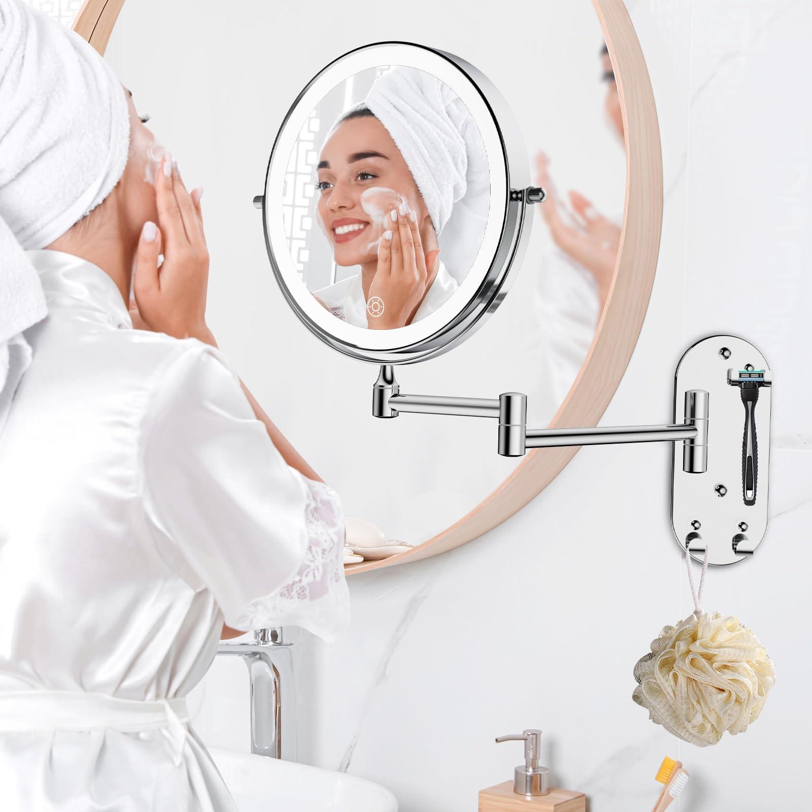 FUNTOUCH FUNTOUCH Wall Mounted Lighted Makeup Mirror, Rechargeable 8\" Double-Sided LED Make up Mirror 1X/10X Magnification, 3 Color Lights Dimmable 360 Rotation Wall Mount Mirror with Extension Arm and Hooks