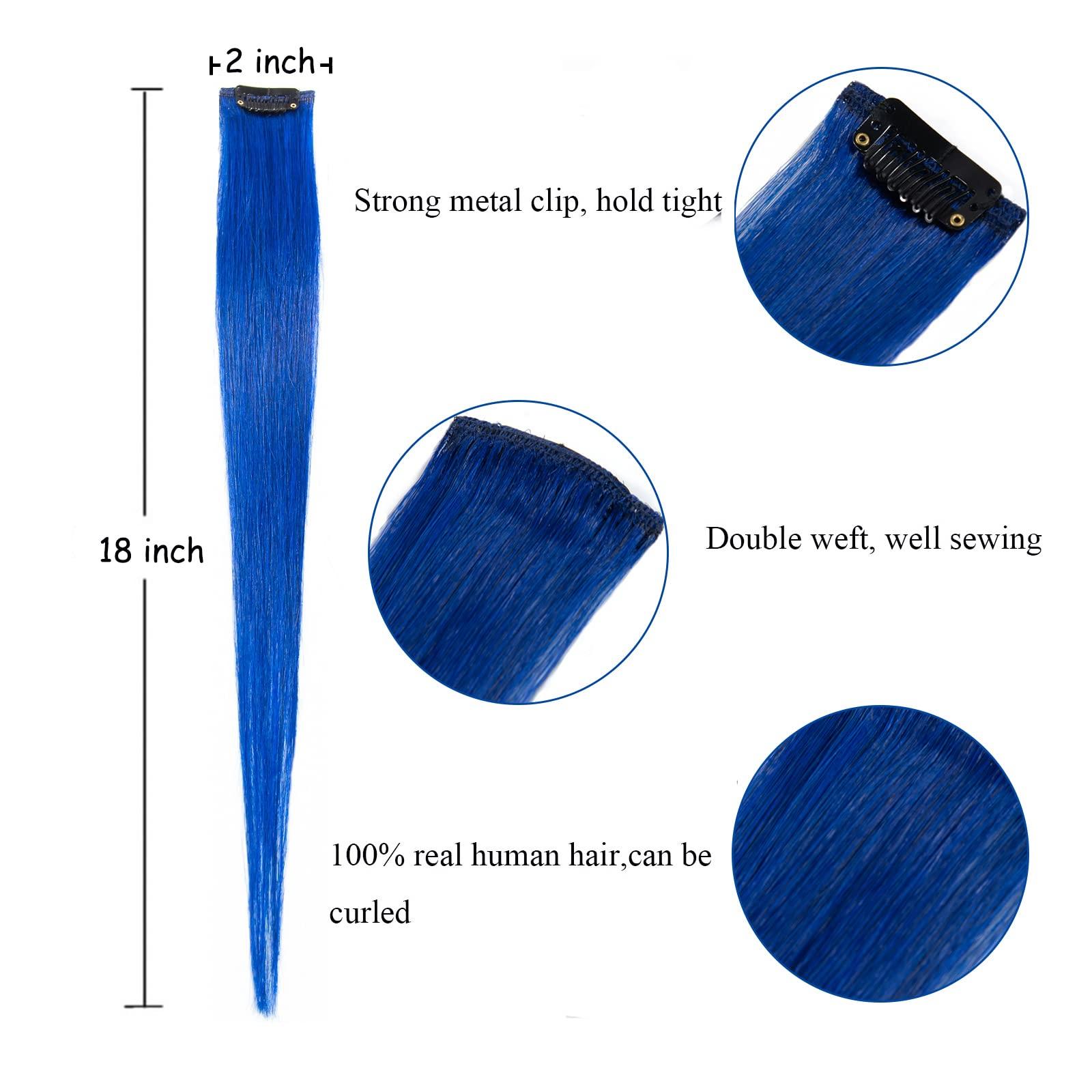 Flying Beauty 5 Pcs blue hair extensions 18 Inches Colored Christmas Party Highlights Straight Hair Clip in Human Hair Extensions in Multiple Colors