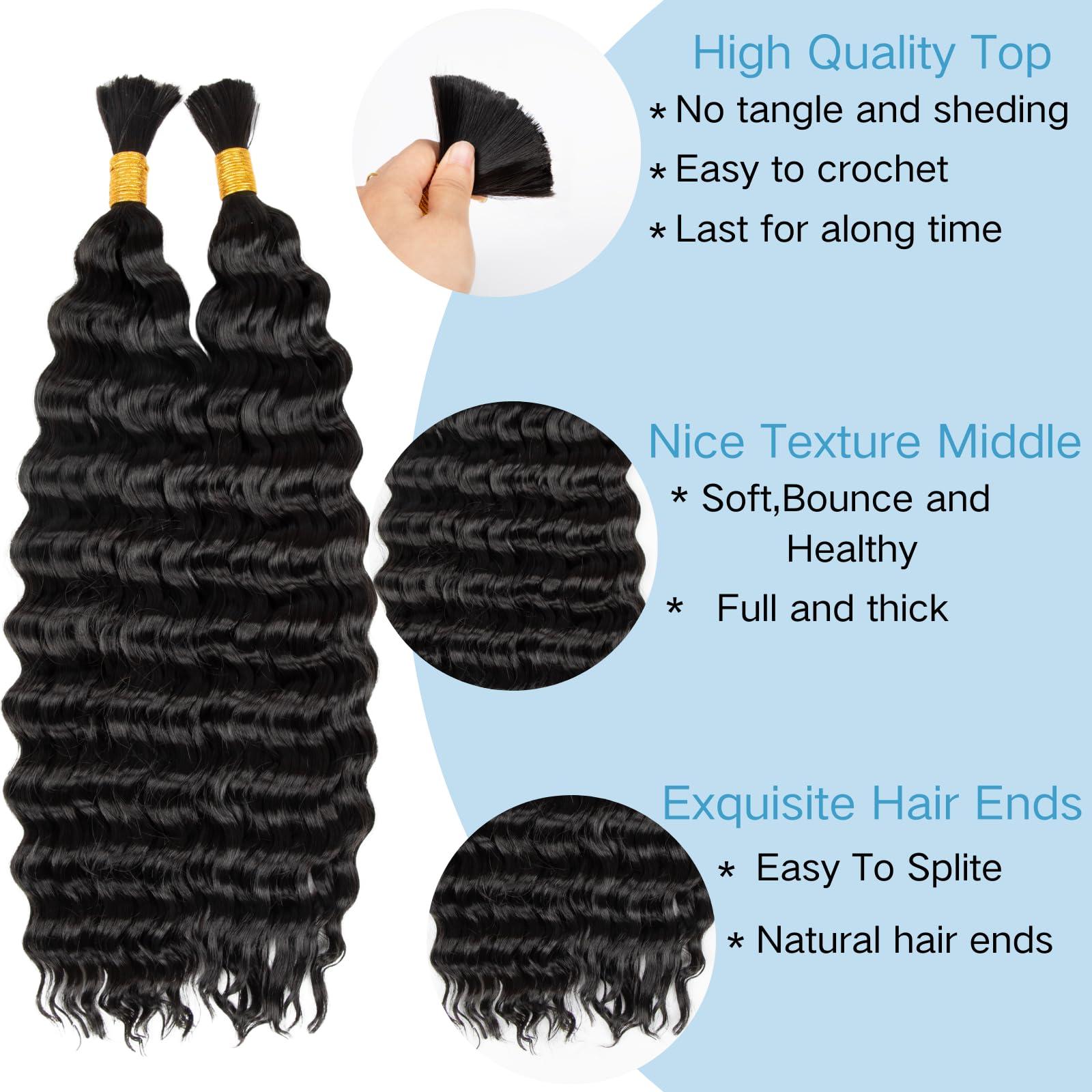 OQNUNQO Deep Wave Bulk Hair for Braiding Deep Wave Hair for Black Wome 24inch 200g for Deep Wave Braiding Hair Extensions Quality Synthetic Micro Braiding Hair for Boho Braids No Weft, (2Pack Natural Black