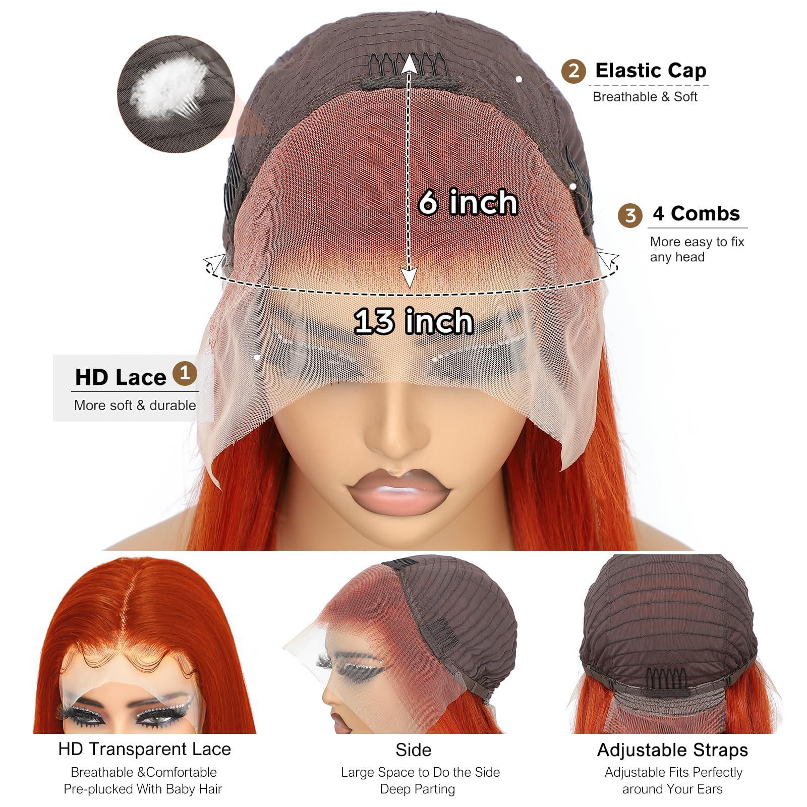 tunfine tunfine 28 Inch 13x6 Ginger Lace Front Wigs Human Hair,180 Density Straight HD Lace Frontal Wigs Human Hair, Glueless Wigs Human Hair Pre Plucked Bleached Knot