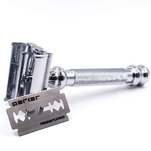 Parker Safety Razor Parker 99R Chrome Long Handle Heavyweight Butterfly Open Double Edge Safety Razor for Men, 5 Parker Premium Platinum Double Edge Razor Blades Included