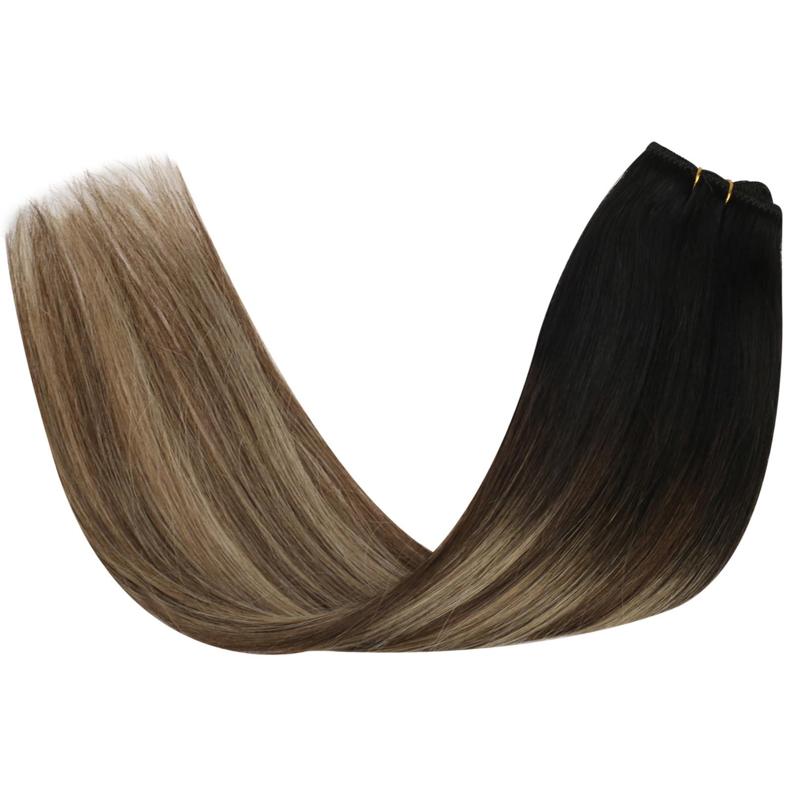 Sunny Hair Sunny Hair Beaded Weft Hair Extensions Human Hair 50G Micro Bead Weft Hair Extensions Real Human Hair Straight Weft Hair Extensions Easy Weft Natural Black to Dark Brown with Caramel Blonde 18inch