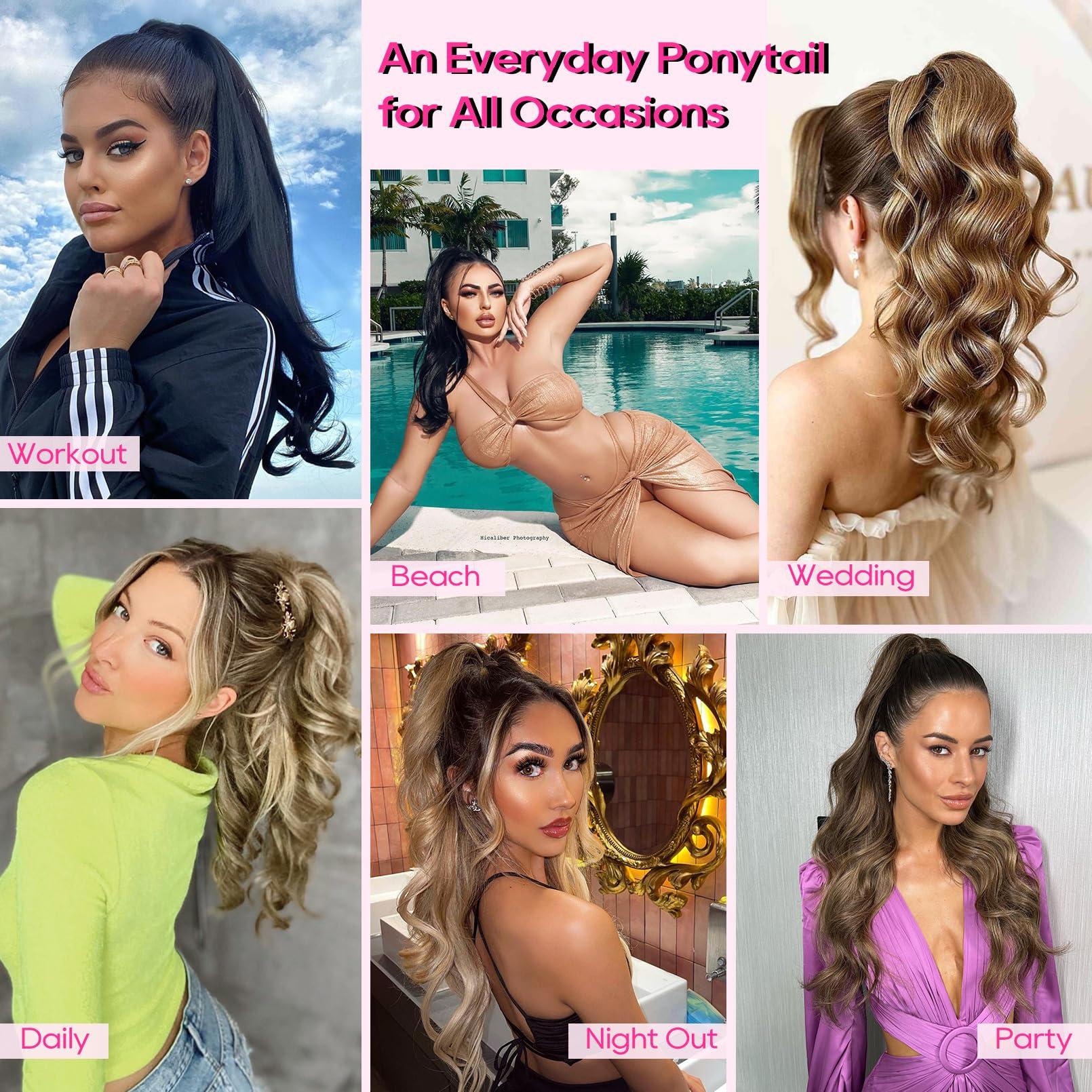 REECHO REECHO Ponytail Extension, 18 inch Drawstring Ponytail Hair Extensions Long Curly Wavy Clip in Pony Tail Synthetic Hairpiece for Women, Chocolate Brown with Highlights