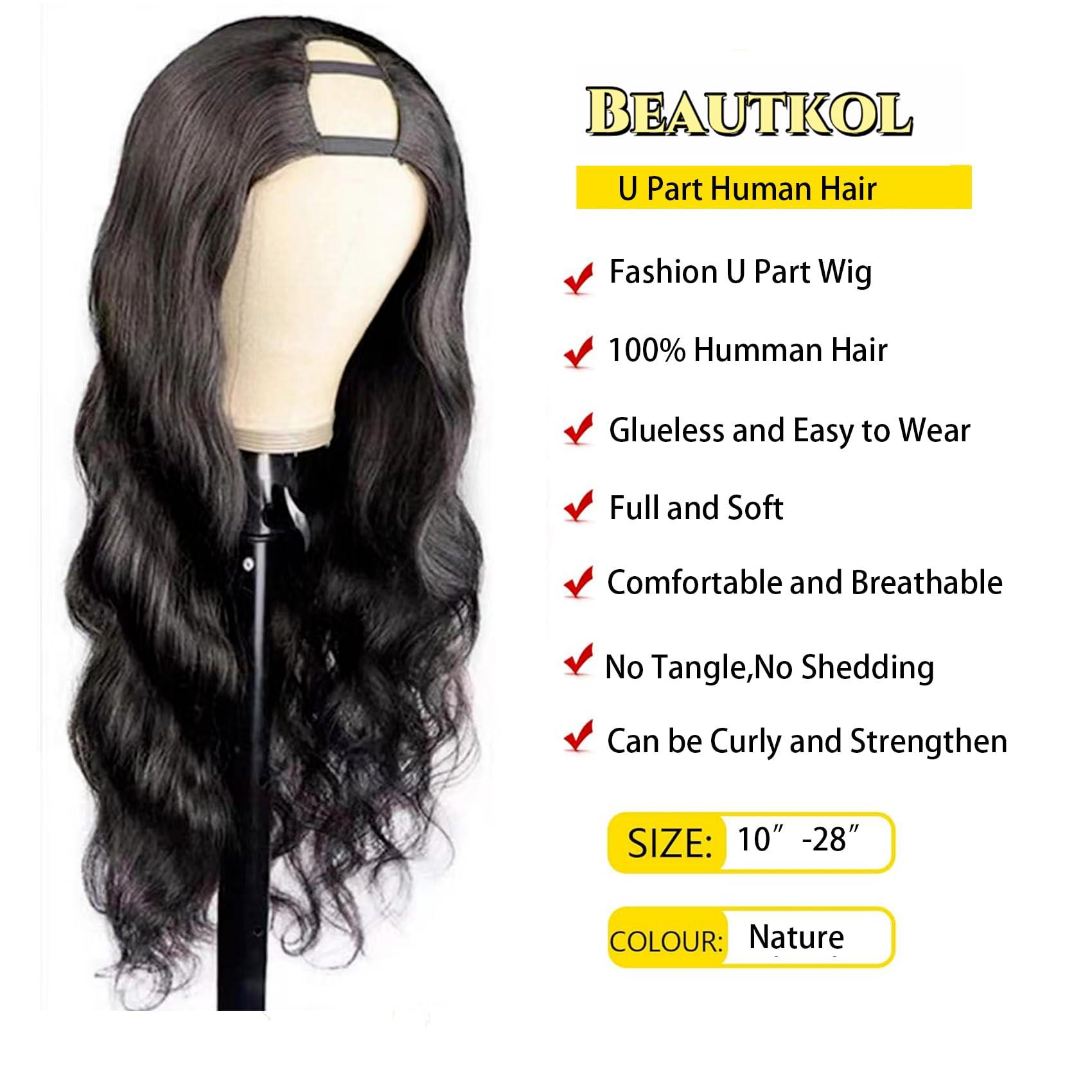beautkol U Part Human Hair Wig Body Wave Brazilian Virgin Hair Glueless Wigs Human Hair 180% density U Part Wig for Black Women Clip In U Part Wig Human Hair Upart half wig Natural Black Color 28 inch