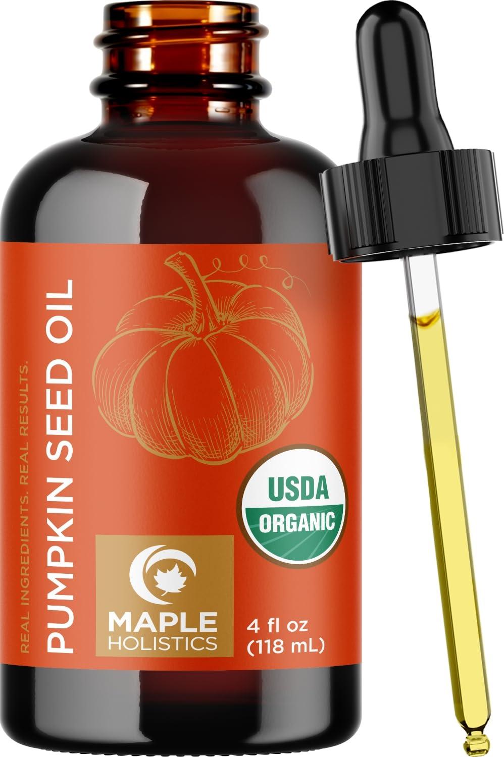 Maple Holistics USDA Organic Pumpkin Seed Oil - 100% Pure Pumpkin Seed Oil for Hair Growth Dry Skin and Anti Aging Face Oil - Organic Hair Oil for Dry Damaged Hair and Growth - Virgin Cold Pressed & Unrefined (4oz)