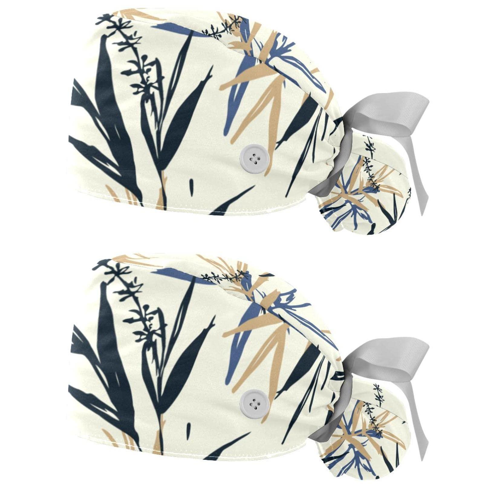 Lyetny Blue and Beige Bamboo Leaves and Flower Oriental Scrub Caps Hats Women Bouffant Working Hat Ponytail Holder for Women Long Hair Covers 2PCS