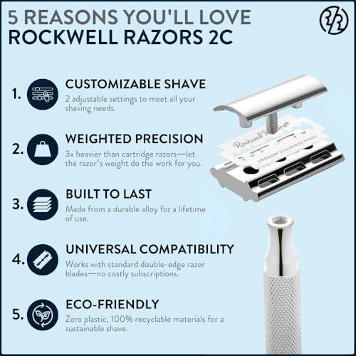 ROCKWELL RAZORS ROCKWELL RAZORS 2C White Chrome Double Edge Safety Razor With Adjustable Shave Settings and 5 Fully Recyclable Razor Blades. Reusable Safety Razors for Men and Women.