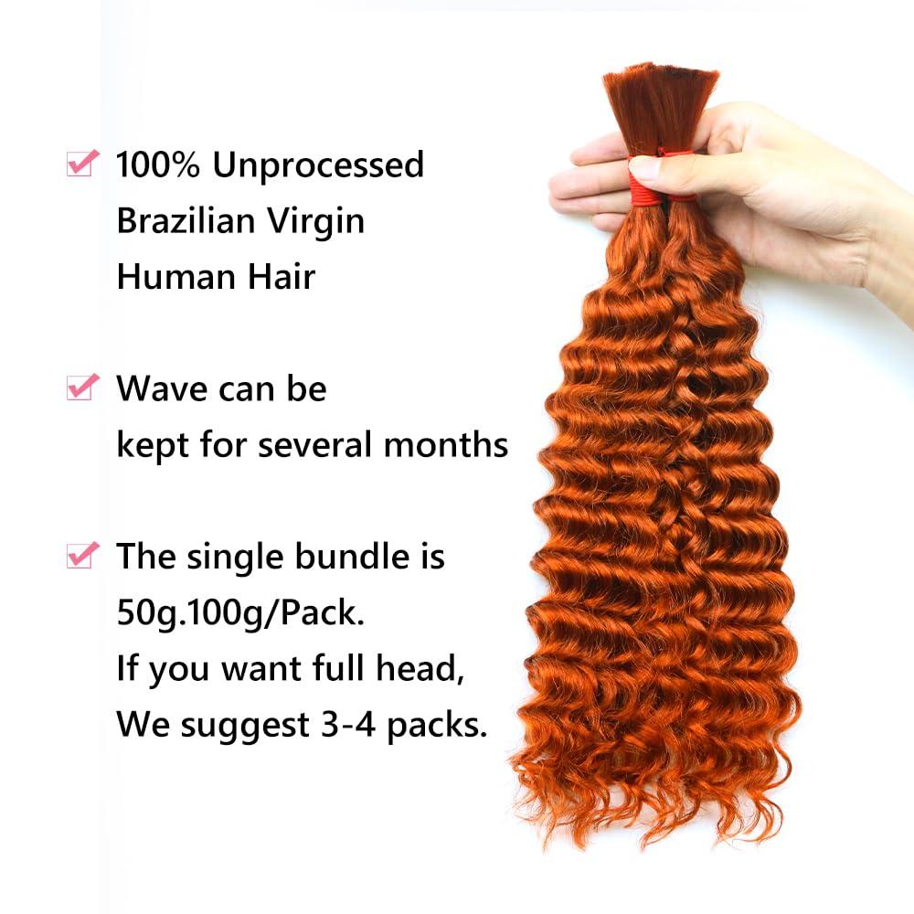 Shining Girl Deep Wave Bulk Human Hair for Braiding No Weft 100 g (1 Pack-2 Bundles) 100% Unprocessed Brazilian Virgin Human Hair Bulk Human Braiding Hair For BOHO Braids Curly Deep Bulk 18 inch Ginger Orange #350