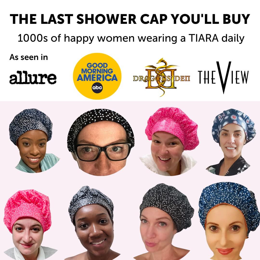 TIARA Shower Cap TIARA Luxury Shower Cap for Women Reusable Waterproof, Hair Cap for Long & Short Hair, All Size Flexi Adjustable Terry Lined Cloth Plastic Leakproof Soft, Breathable, Durable & Comfy (Dots Black)