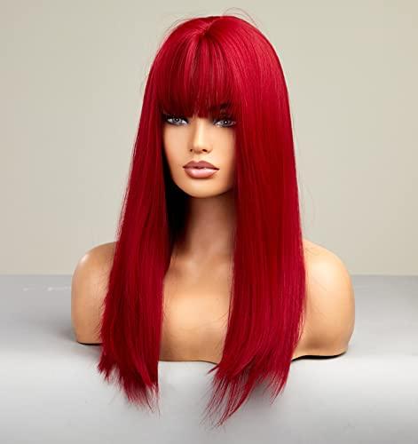LANOVA LANOVA Red Wig with Bangs, Synthetic Red Wigs for Women, Natural Straight Cosplay Red Wig with Fringe, Bright Red Hair Wig 20 inch LANOVA-160