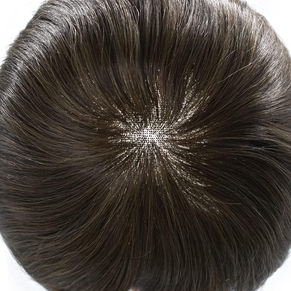 Curve Hair mens toupee hairpieces human hair system for men hair piece replacement lace front mens hair unit poly skin toupee for men wigs(8\"x10\" (W x L), #2 Darkest Brown-80% Light Density)