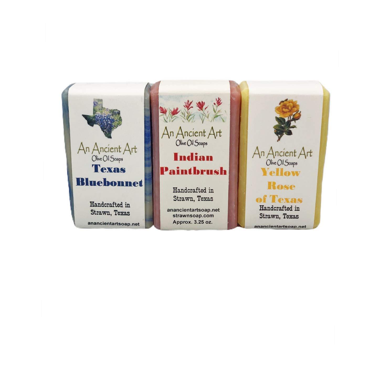 An Ancient Art An Ancient Arts Bar Soap Set of 3 Aprox. 3.25oz - All Natural Soap Handmade with Olive Oil, Palm Oil, and Coconut Oil (Texas Bluebonnet, Indian Paintbrush, Yellow Rose) - Gift Set (Texas Set)