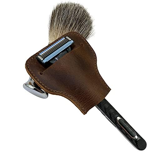 Hide & Groom Hide & Groom, Rustic Edge Razor Protector Case Handmade from Full Grain Leather, Safety Razor Head Protective Sheath, Shaving Travel Cover - Bourbon Brown