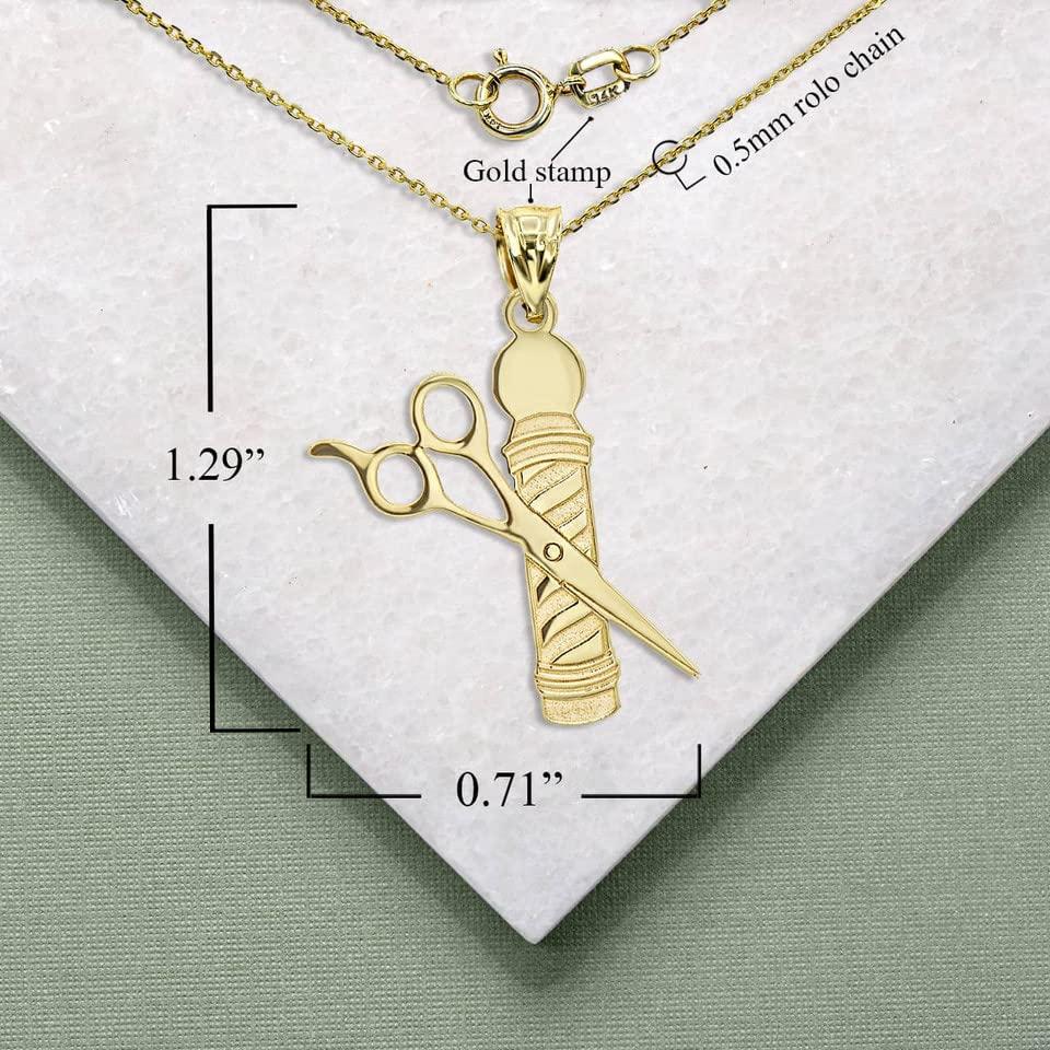 Claddagh Gold 14K Yellow Gold Personalized Name Hair Stylist Scissor and Barber Shop Pole Engravable Pendant