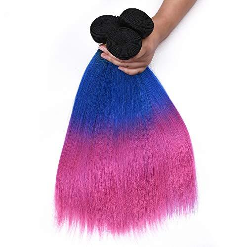 Tony beauty hair Tony Beauty Hair #1B/Blue/Pink Ombre Straight Human Hair 3 Bundles 300Gram Brazilian Human Hair Black Roots Blue to Pink 3 Tone Ombre Virgin Hair Weave Extensions Double Wefts (14 16 16)