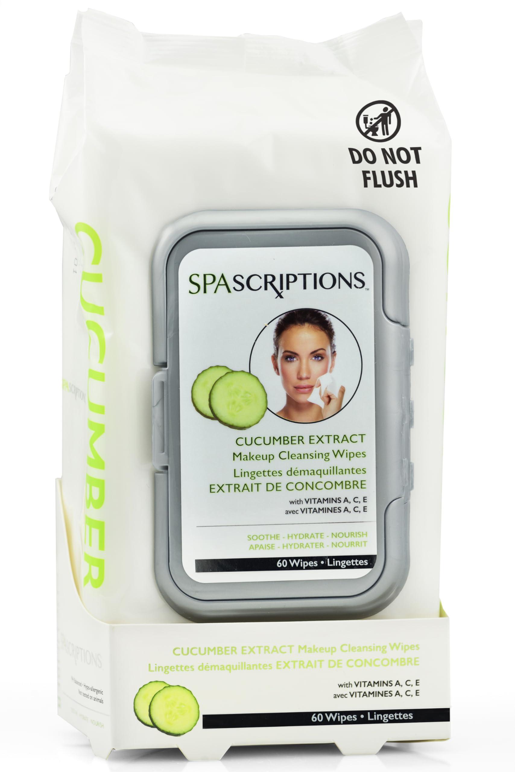 SpaScriptions SpaScriptions Cucumber Makeup and Face Cleansing Wipes - Usable as Even Waterproof Mascara Cleanser Wipes - Face Wipes for Women for Beauty, Personal Care, Gentle and Effective Makeup Cleanser 60 Ct. 1 Pack
