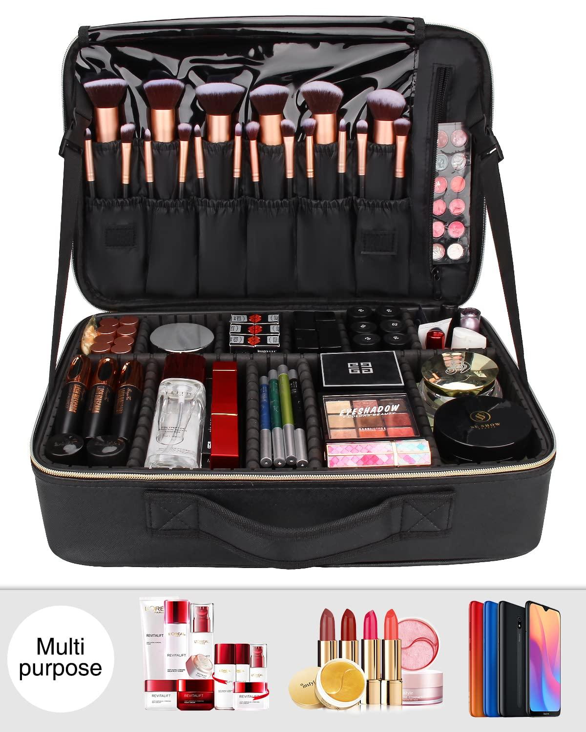 MONSTINA MONSTINA Large Makeup Travel Case Bag,Professional Makeup Artist Train Case with Brush organizer,Large Capacity Cosmetic Bag with Zipper Pocket and Adjustable CompartmentPU Leather Black