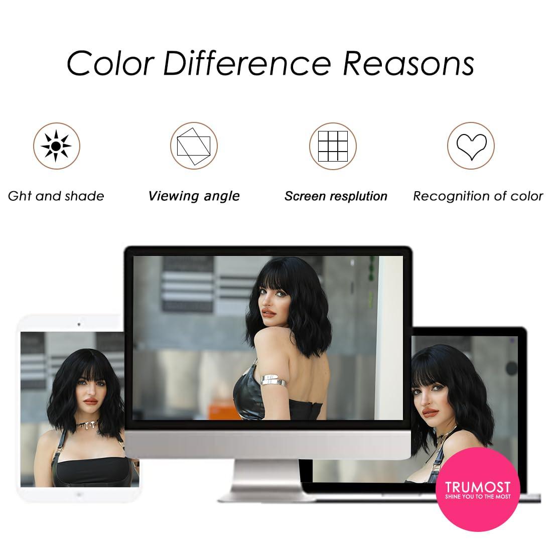 TRUMOST TRUMOST Black Short Wave Wigs with Bangs - Synthetic Realistic Shoulder Length Wavy Wig, Heat Resistant Natural Wig for Women Girls Daily Party Cosplay Use 12 in