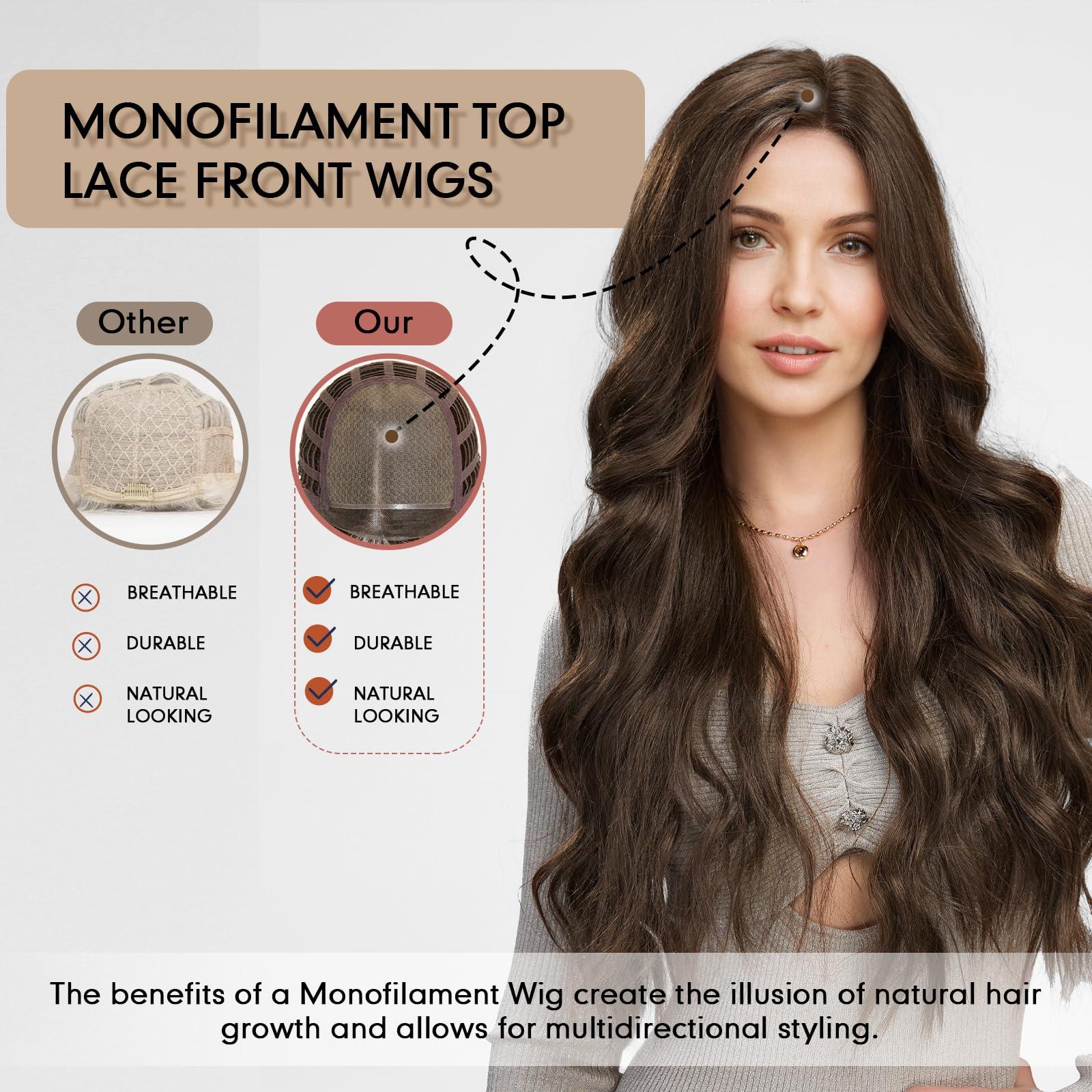 DWY DWY Long Wavy Brown Synthetic Lace Front Wigs Mono Top Futura Hair Wig for Women Brunette Wig Free Part Monofilament Glueless Wigs for Daily Use
