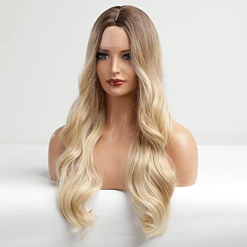 EMMOR EMMOR Long Curly Blonde Wigs for Women Middle Part Synthetic Wig Natural Looking Heat Resistant Fiber Lace Wigs 26 Inch (Creamy Blonde)